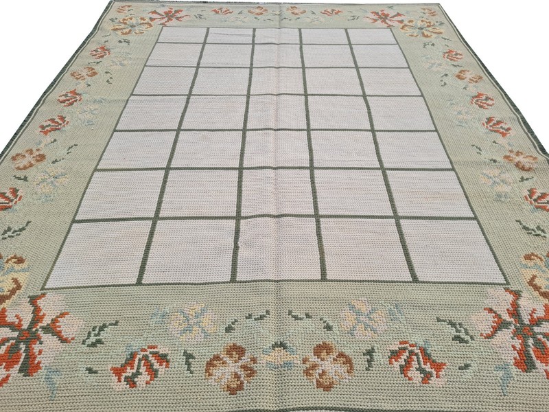 Rare Hand Embroidered Needlework Vintage France Kilm Wool Area Rug 7.5 x 6.1 Ft gallery