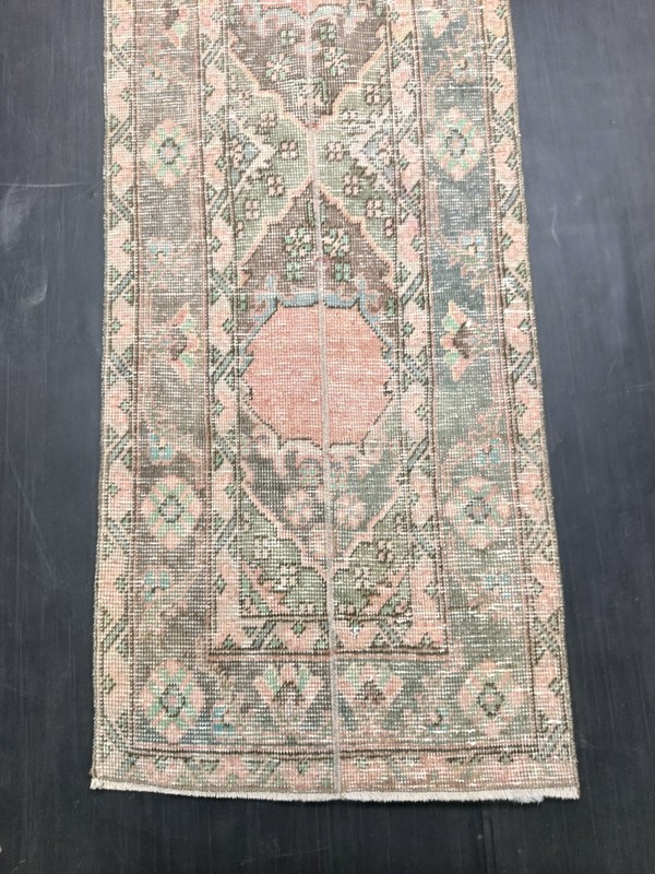 Green Red Geometric Handmade Runner, 1.9x12.2ft, Vintage Turkish Entryway Rug, gallery