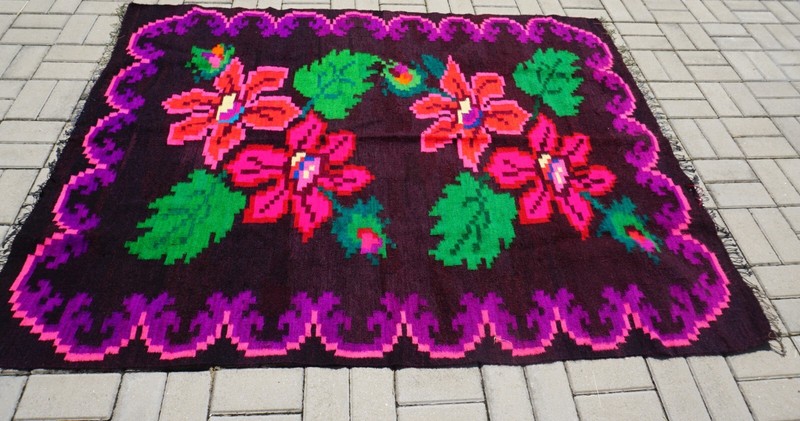 Vintage Romanian traditional rug with floral pattern, old folk wool rug gallery