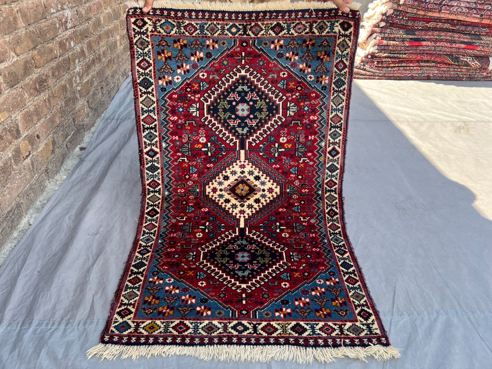 2'6" x 4'2" Vintage Turkish Hand Knotted Tribal Geometric Red Blue Boho Area Rug gallery