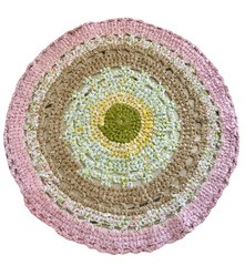 Round Braided Rag Rug COTTAGE CORE KITSCHY Pink Brown Green Yellow VTG 39″ CUTE