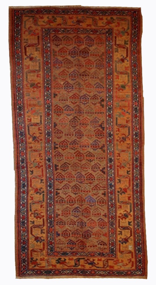 Handmade Antique Oriental Rug 125cm x 231cm 1880s Olive Green Yellow