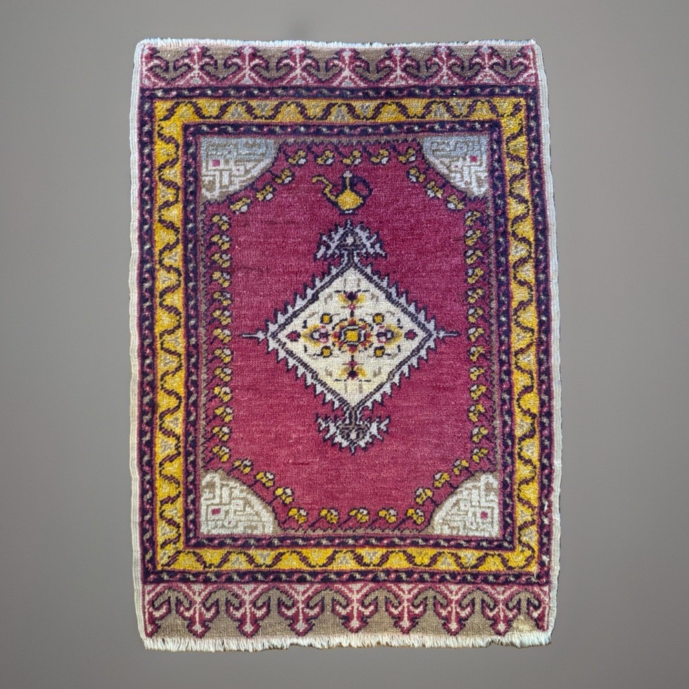 Small Vintage Turkish Hand Woven Rug Door Mat 2’ 8” X 1’ 10.5” Yellow Magenta
