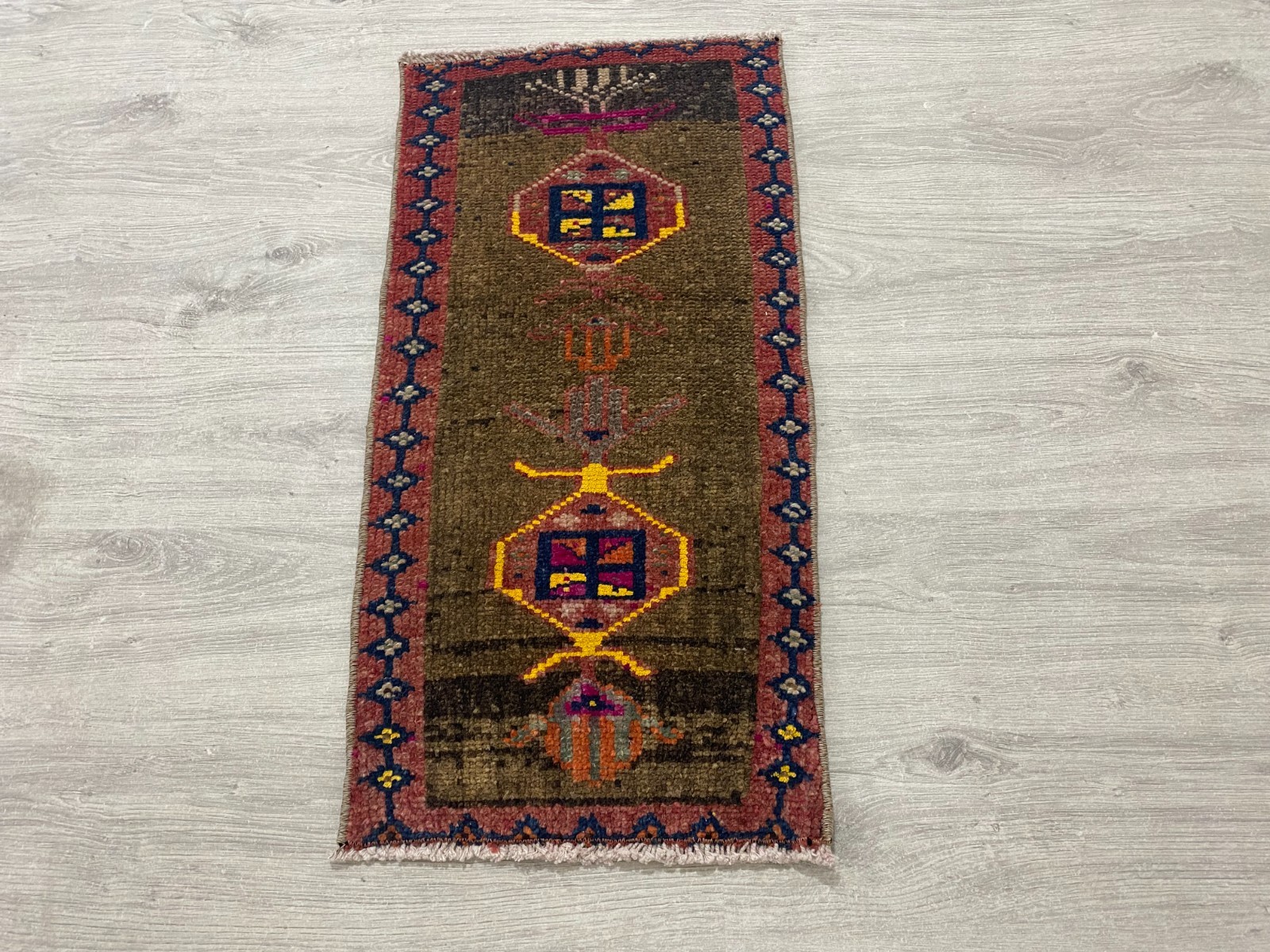 Brown Green Turkish Runner Rug Handmade Vintage Wool Hallway Rug 1.2x2.5 Ft gallery
