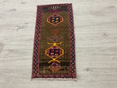 Brown Green Turkish Runner Rug Handmade Vintage Wool Hallway Rug 1.2×2.5 Ft