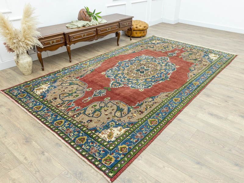 Unique 6.9x11.9 ft Handwoven Turkish Oushak Rug, Red Blue Green Vintage Area Rug gallery