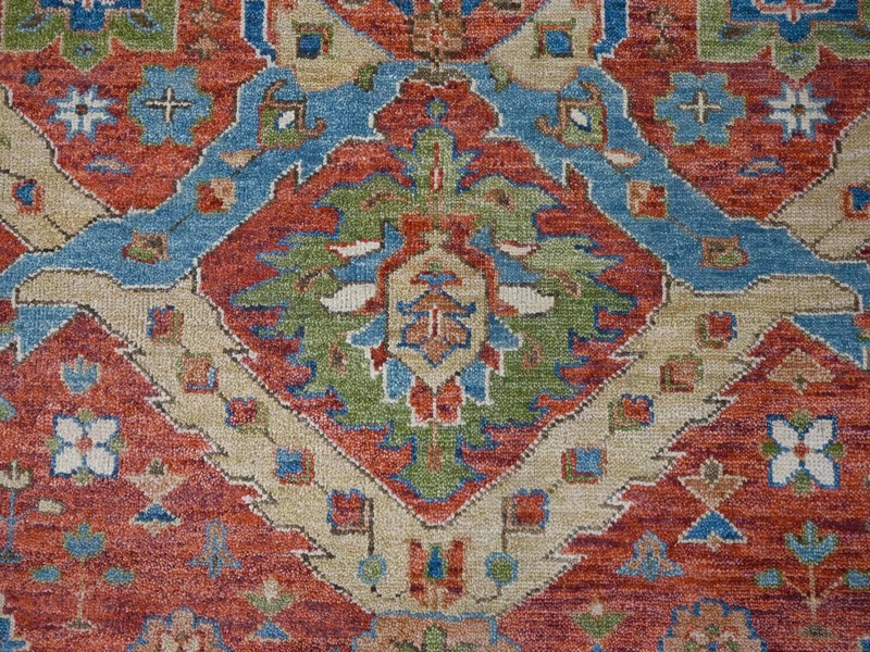 12'0" x 14'10" Coral Red with Touches of Blue and Green, Heriz Design Rug gallery