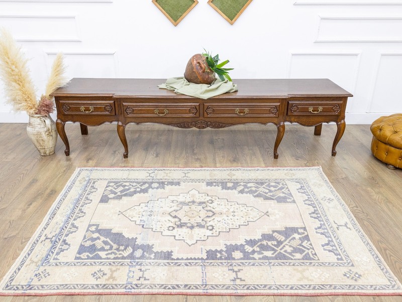 Muted Vintage Turkish Pink Blue Rug 3.11x6 ft Oushak Hand Knotted Wool Carpet gallery