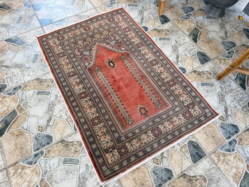 Small Vintage Turkish Prayer Rug 2x4 Hand Knotted Coral Red Floral Accent Carpet gallery