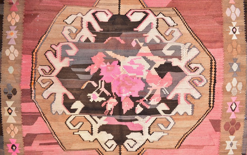 Turkish Kilim 70''x320" Handwoven Kars Kilim 180x320cm Pink Natural Wool Rug gallery