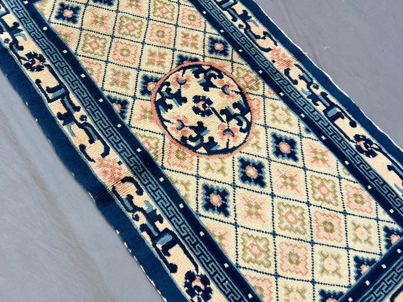 Vintage Chinese Rug 1'11x3'10 ft Hand-Knotted Wool Blue Cream Soft Pile Carpet gallery