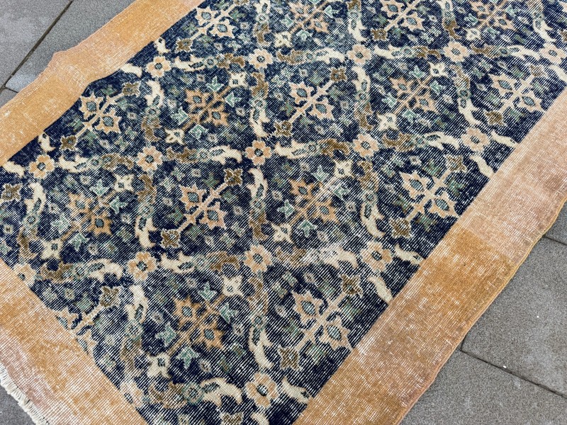 Vintage Turkish Rug 3.7x6.9 ft Blue Beige Handmade Wool Area Rug Distressed gallery