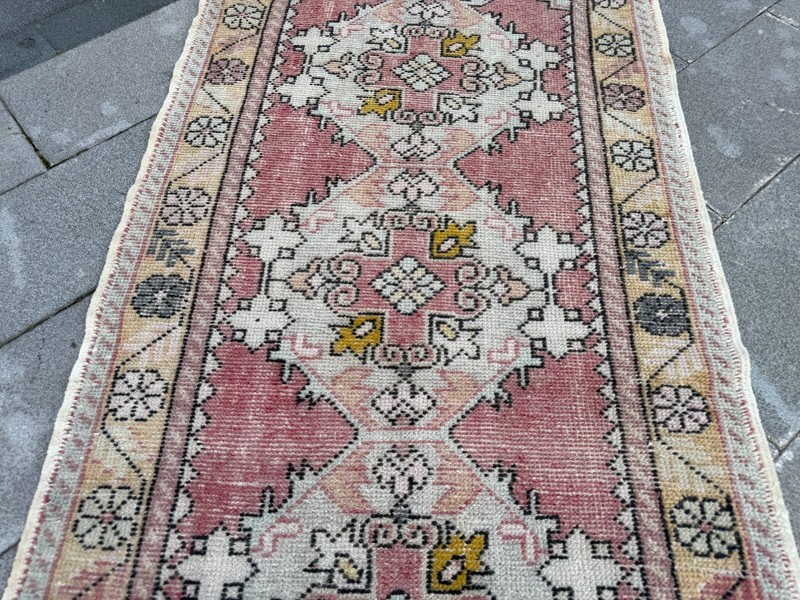 Vintage Turkish Oushak Runner Rug 3.5x9.8 Ft Pink Hall Carpet gallery