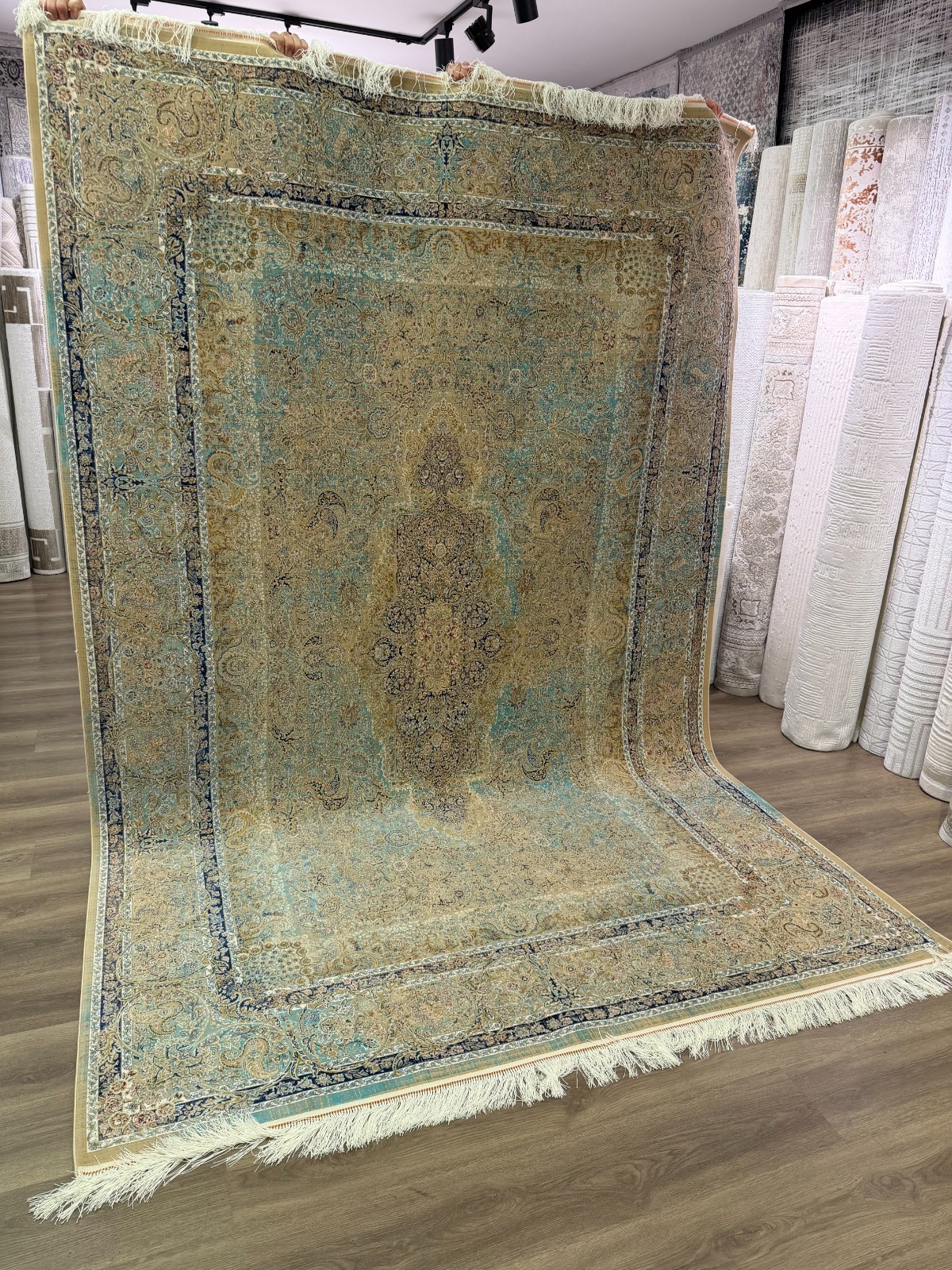 Silk Rug Machine Made Turkish Medallion Vintage Beige Blue Luxury 10x14 Ft Rug gallery