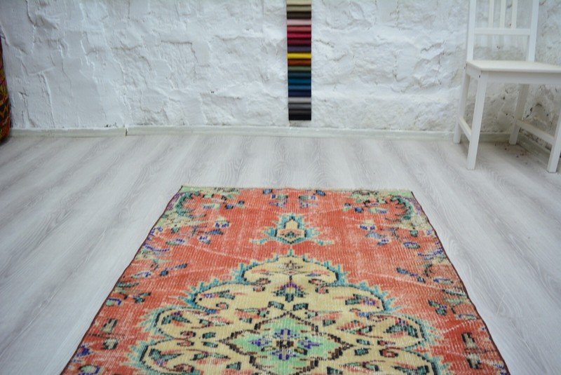 Red Turkish Vintage Rug, 3x5.7ft, Antique Red Faded Medallion Handmade Rug, gallery