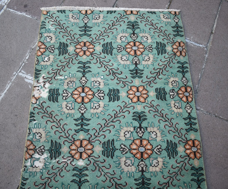 Turkish Rug 33'' x 80'' Vintage Hand-knotted Oushak Rug Low Pile Runner Wool Rug gallery