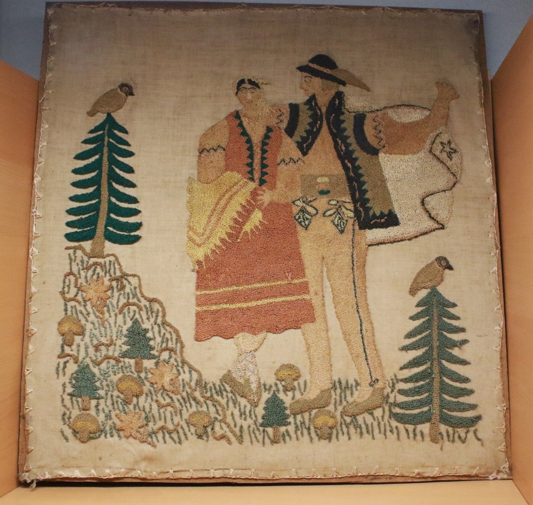 Antique European Polish Folk Art Figures Hooked Rug Scene Trees. Birds 30”x 31” gallery