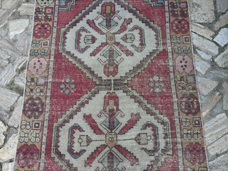 Hand-Knotted Vintage Area Rug 4x9 Red Wool Geometric Carpet Muted Medium Size gallery