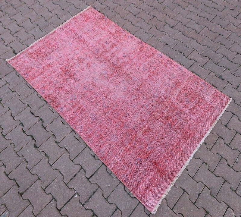 Pink Overdyed Rug Anatolian Hand Knotted Oriental Oushak Vintage Carpet 4x7 ft gallery