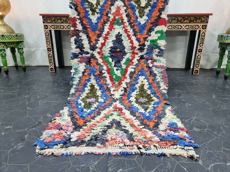 Moroccan Handmade Vintage Boucherouite 2'1"x5'3" Berber Geometric Orange Carpet gallery