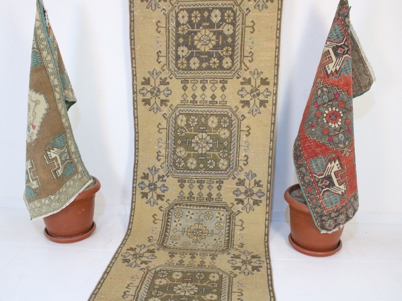 3x11 Ft Beige Runner Rug, Handmade Runner, Vintage Muted Hallway Rug, 2.7x10.8 gallery