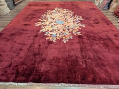 Chinese Art Deco Rug 10×13, Dark Red, Nichols Carpet, Floral Medallion
