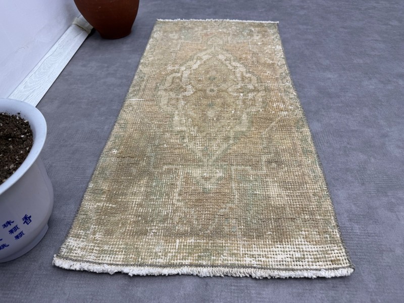 1x3 Hand-Knotted Wool Turkish Door mat, Beige Green Pink Vintage Small Rug gallery