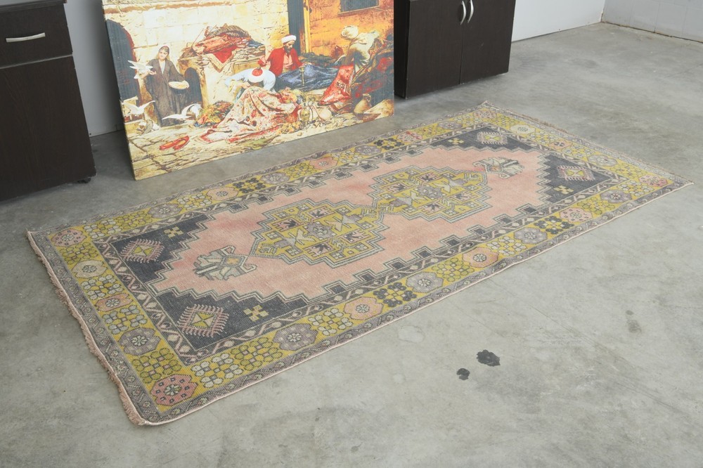 4x7 Turkish Area Rug Hand-Knotted Vintage Neutral Wool Rug Oushak Carpet,841