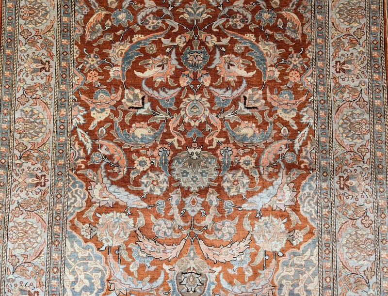 Turkish Hereke Rug 3x5, Fine Hand-Knotted Silk Carpet, Rust Red & Green gallery