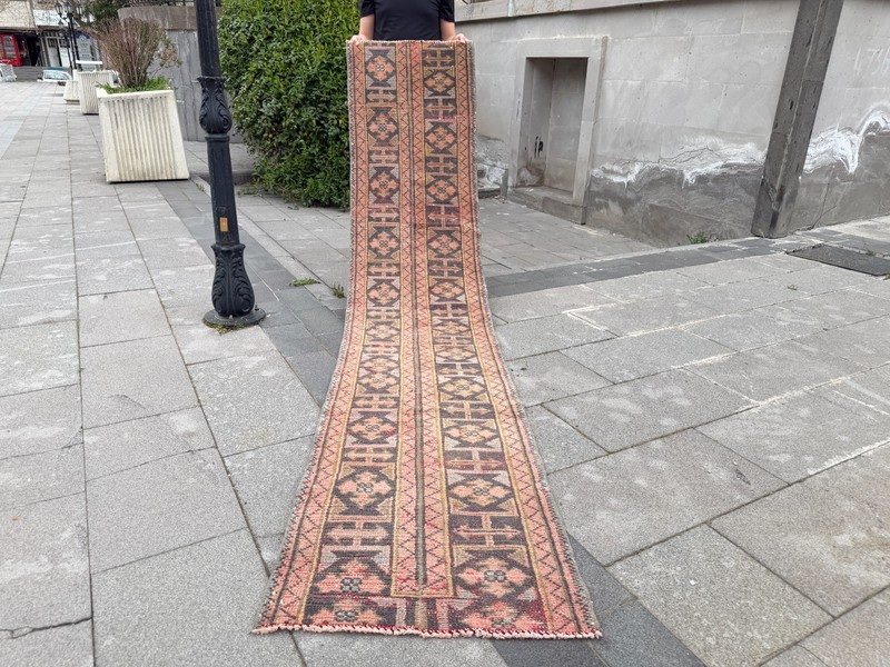 Vintage Turkish Oushak Runner 2x9.7 ft Slim Boho Hand Knotted Wool Rug gallery