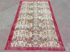 Rose Garden Floral Large Distressed Carpet, Handwoven Vintage Wool Rug 65″x108″
