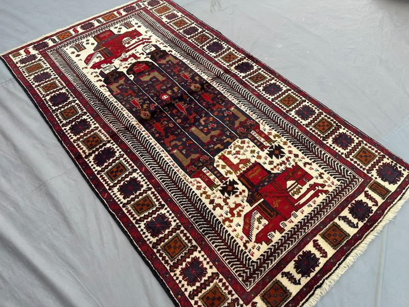 3'7x6'4 Antique Afghan Baluchi Pictorial Rug, Rare Tribal Handmade Wool Boho Rug gallery