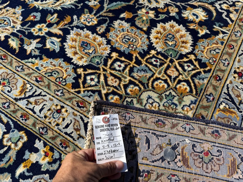 9x12 SIGNED BLUE VINTAGE ORIENTAL RUG GOLD handwoven antique handmade fine navy gallery