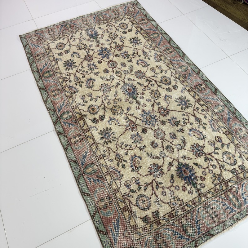 Beige And Dusty Rose Vintage Oushak Rug, 4x7 Soft Wool Floral Farmhouse Decor gallery