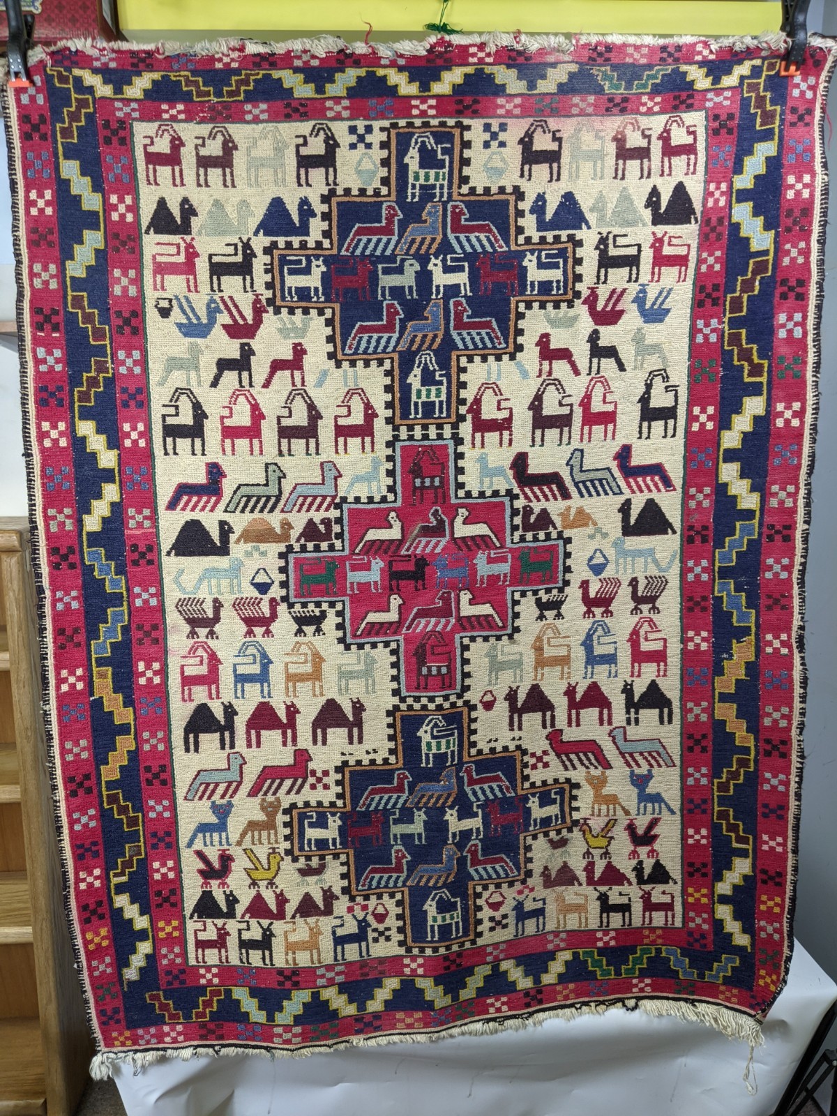 Vintage Handmade Wool Rug Turkish Braided Kilim /Soumak Design 43" x 54" Animals gallery