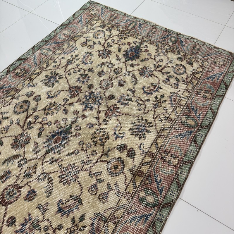 Beige And Dusty Rose Vintage Oushak Rug, 4x7 Soft Wool Floral Farmhouse Decor gallery