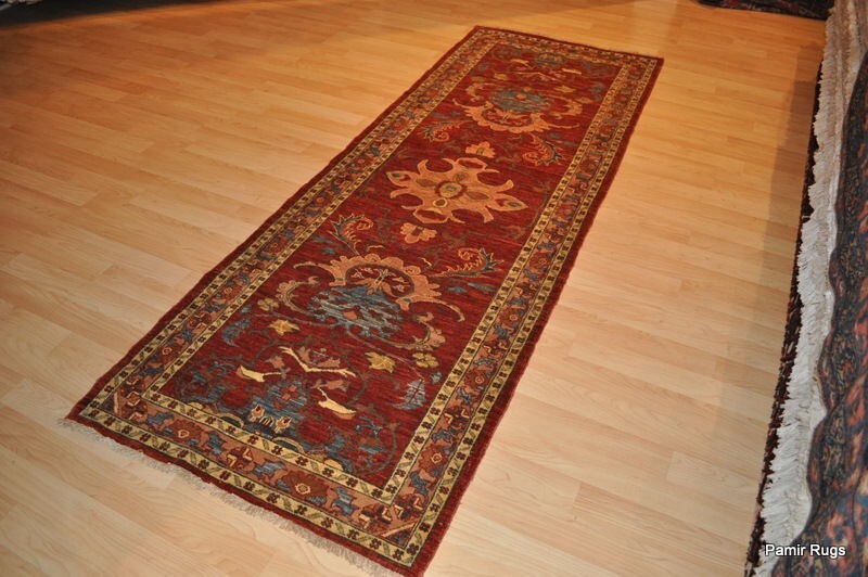 8 FT. NATURAL DYE FLORAL design rust, cream & Blue. HANDMADE chobi rug. gallery