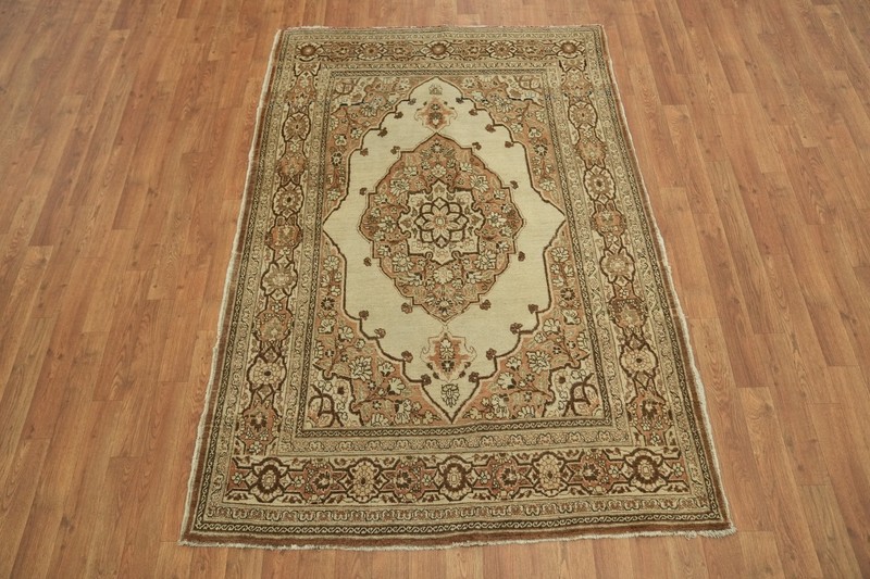 Pre-1900 4x6 Antique Beige Traditional Rug in Geometric Gold & Ivory Design gallery