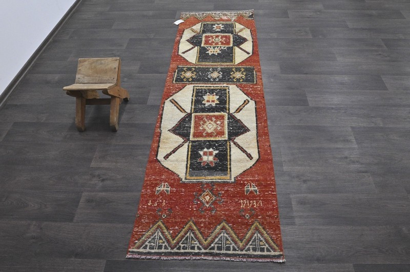 Vintage Turkish Runner Rug 2x7ft Wool Anatolian Handmade Hallway Oushak RED gallery