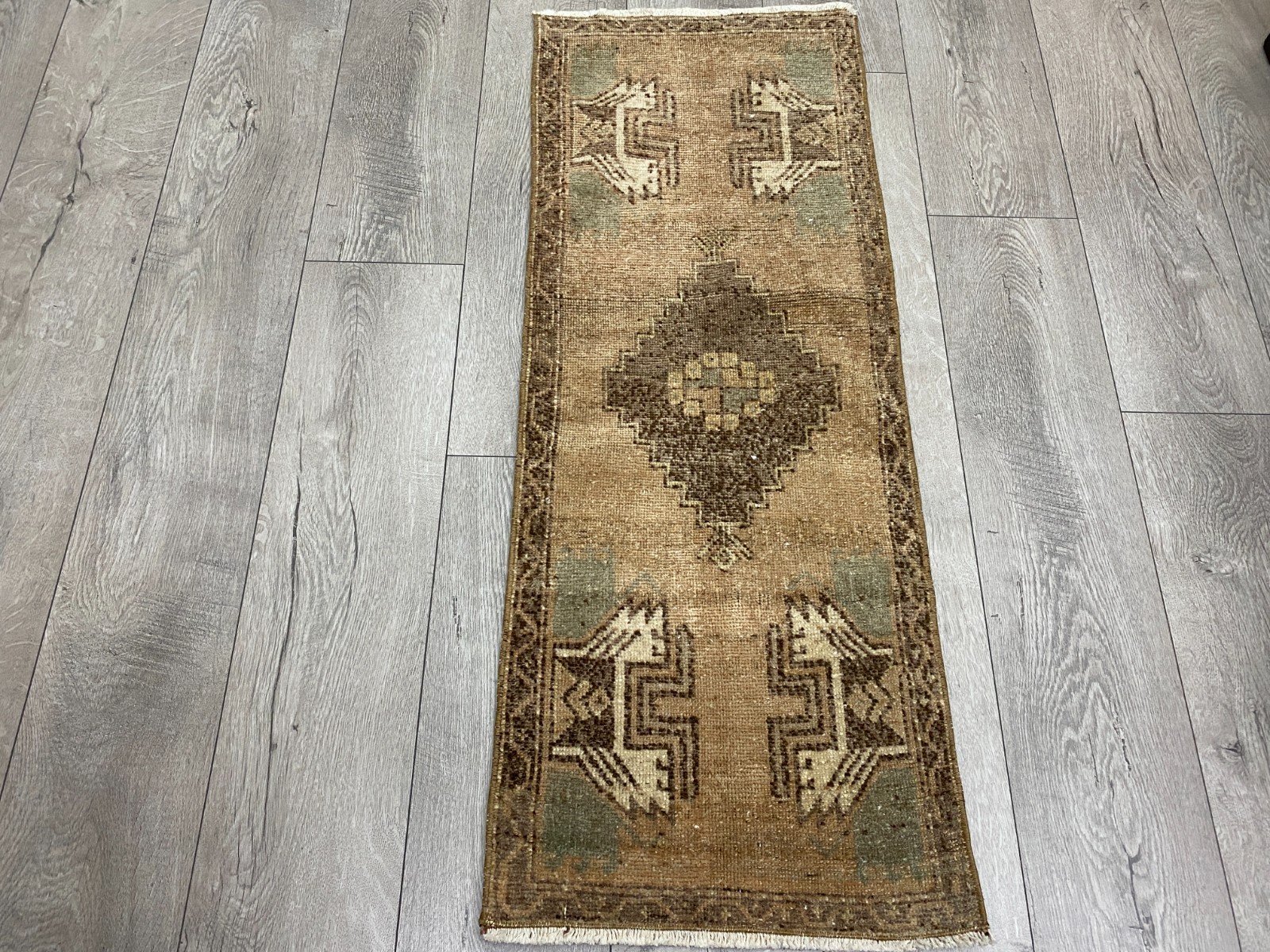 Turkish Nomadic Runner Carpet 1.4x3.7 Ft Hand Knotted Vintage Distressed Rug gallery