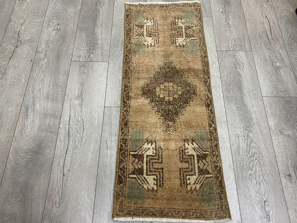 Turkish Nomadic Runner Carpet 1.4x3.7 Ft Hand Knotted Vintage Distressed Rug