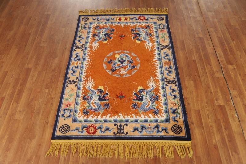 Orange Art Deco Vegetable Dye Chinese Rug 4x6 ft Hand-knotted Silk Carpet gallery