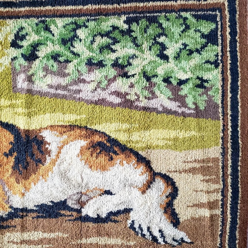 Vintage Cut Pile Wool Rug Dog In Garden Scene 4 Feet Long gallery