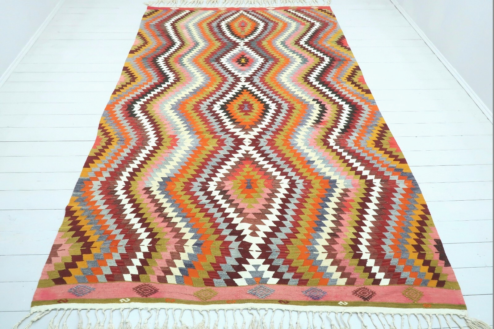 Turkish Vintage Wool Rug Handmade Floor Carpet Large Boho Kelim Teppich 76"x122" gallery