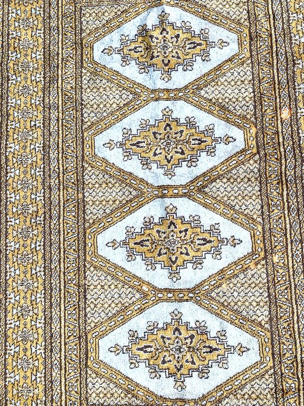 ANTIQUE MIDDLE EAST PRAYER RUG 40" x 27" GOLD BROWN CREAM EARTH TONES HAND-MADE gallery