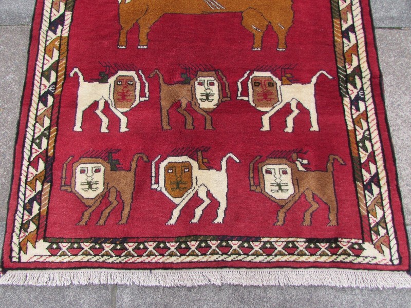 Vintage Traditional Hand Made Oriental Gabbe Wool Red Rug 158x104cm Animal Lion gallery