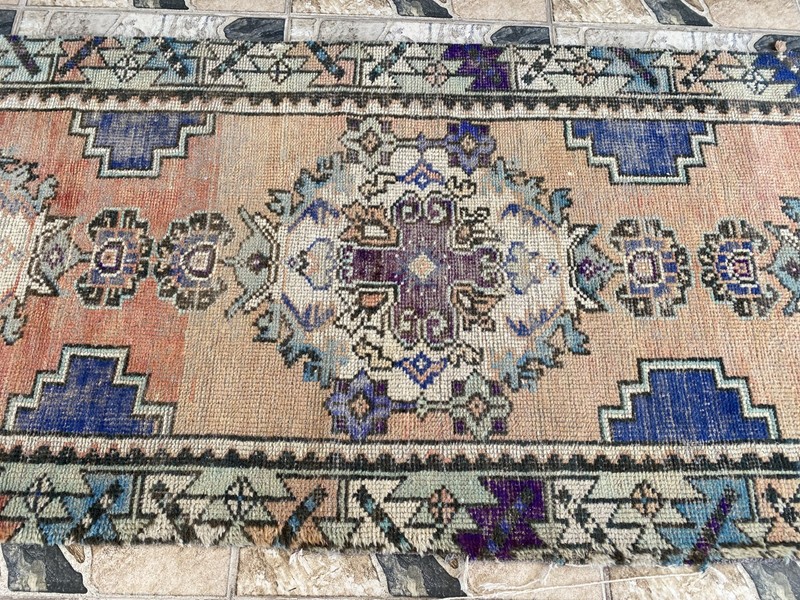 1970s Vintage Turkish Runner Rug | 2.5 x 10.3 ft Hand-Knotted Wool Geometric Rug gallery