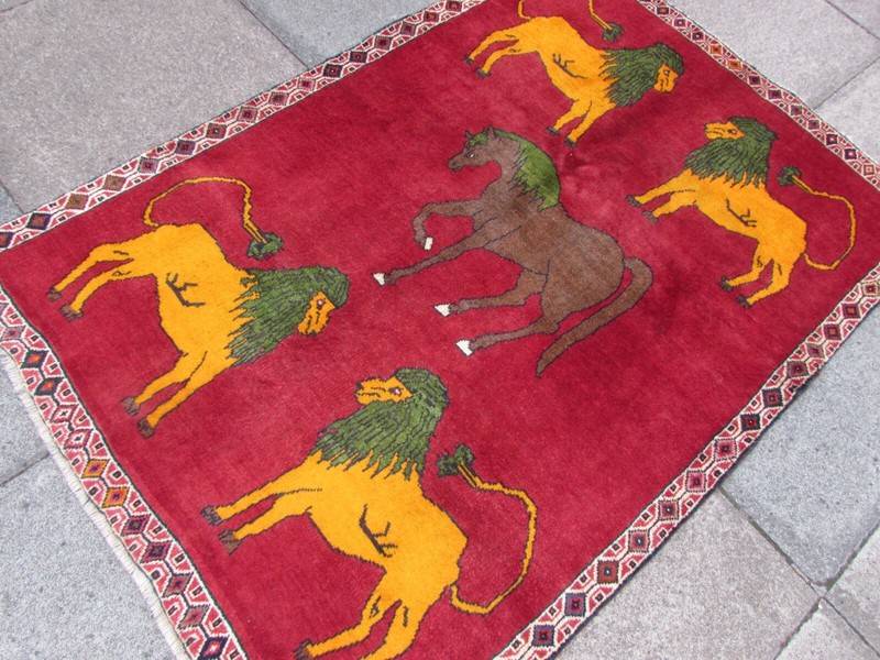 Vintage Traditional Hand Made Oriental Gabbe Wool Red Rug 157x109cm Animal Lion gallery