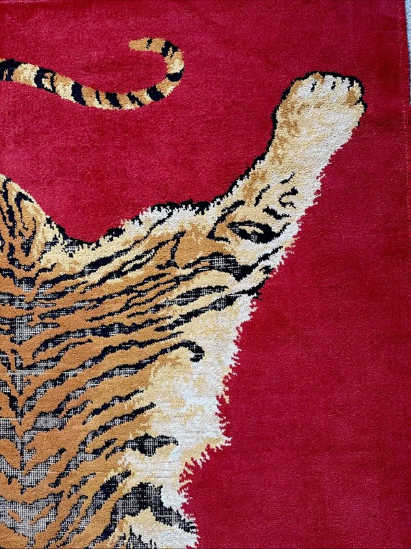 Mid-Century Belgian Moroccan Style Faux Taxidermy Bengal Tiger Red Area Rug VTG gallery