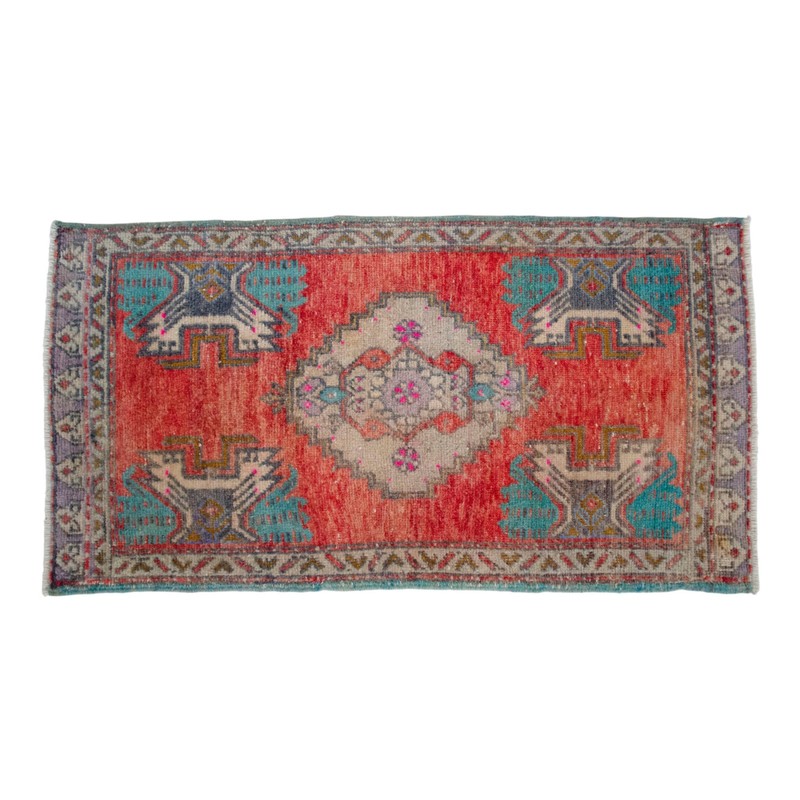 Small Vintage Turkish Oushak Rug 2x3 Hand Knotted Wool Red Teal Entryway Mat gallery